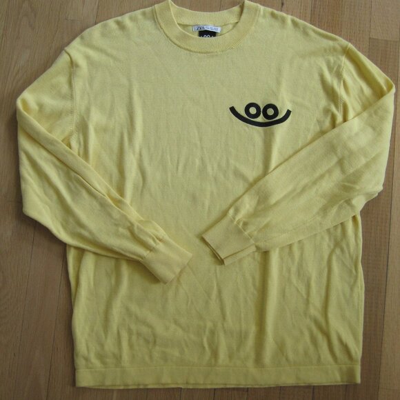 ZARA DIAZ FAES Sweater Smiley Face Size L Crew Neck Knit Yellow Pullover FLAW - Picture 2 of 8